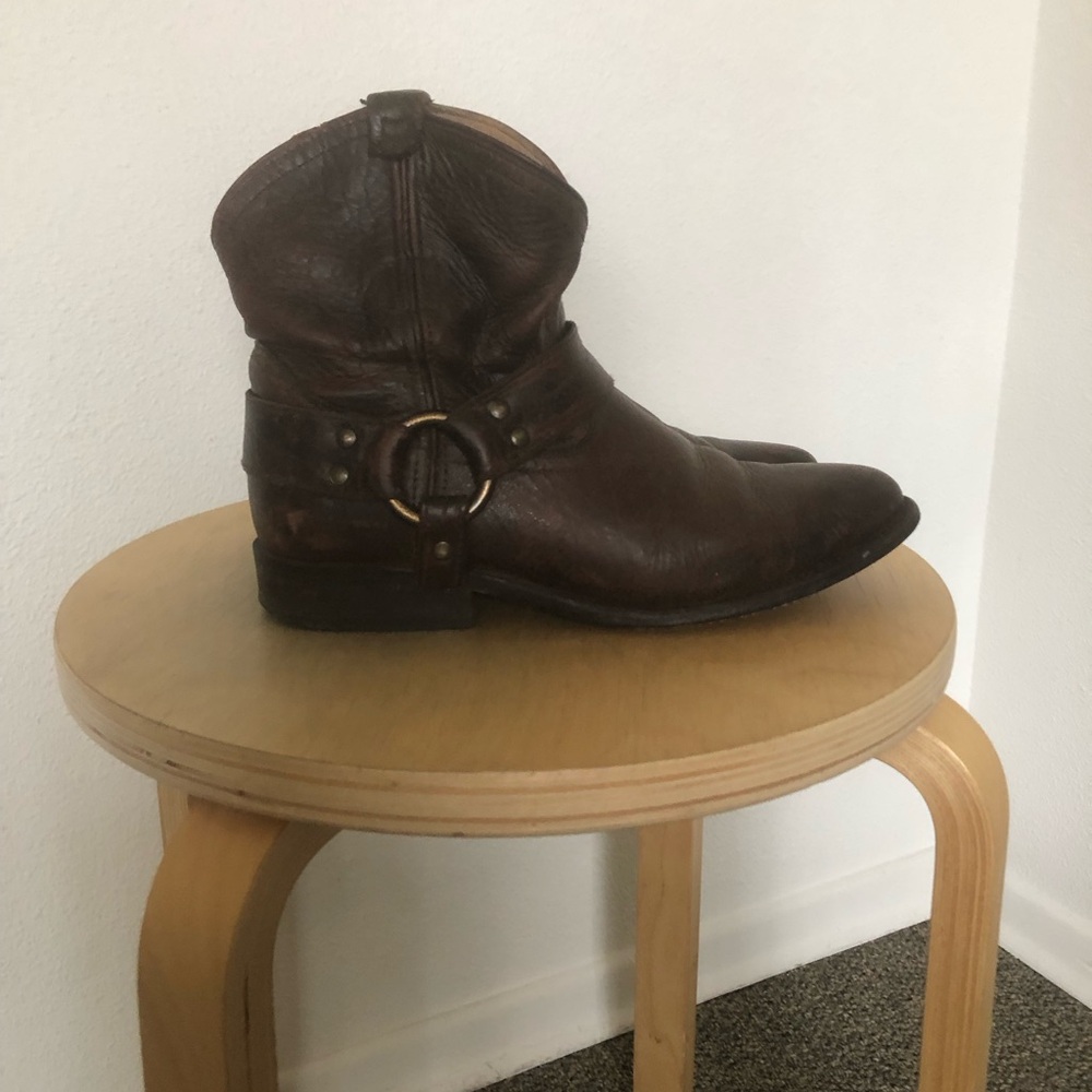 Frye Brown Leather Harness Ankle Boots